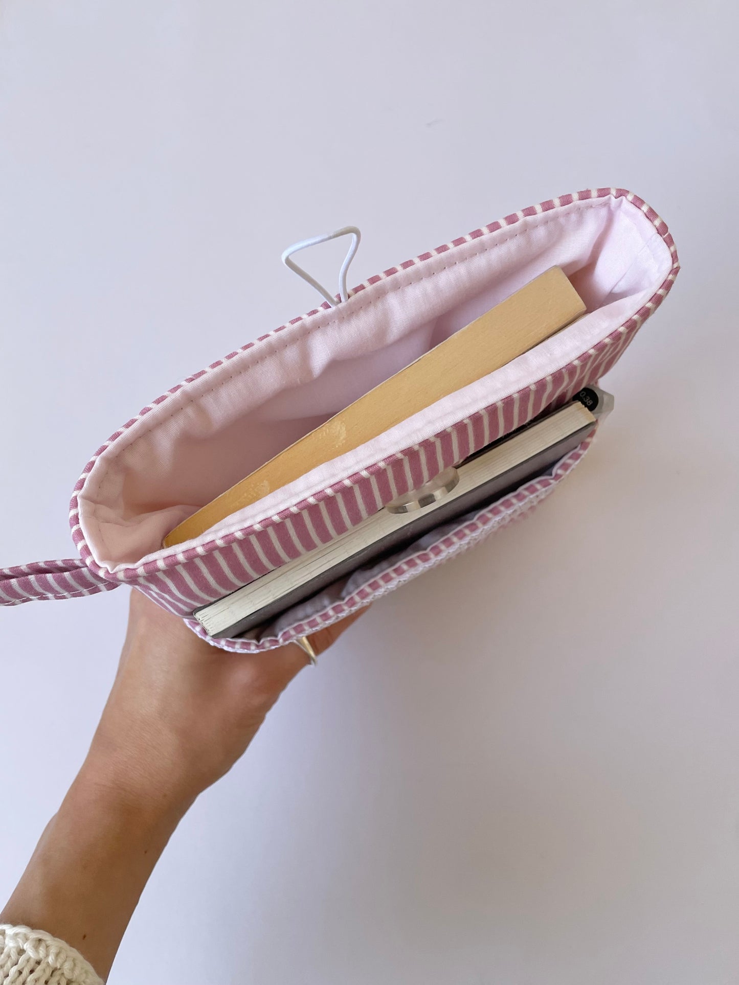 Pink Stripe Book Sleeve with Pocket