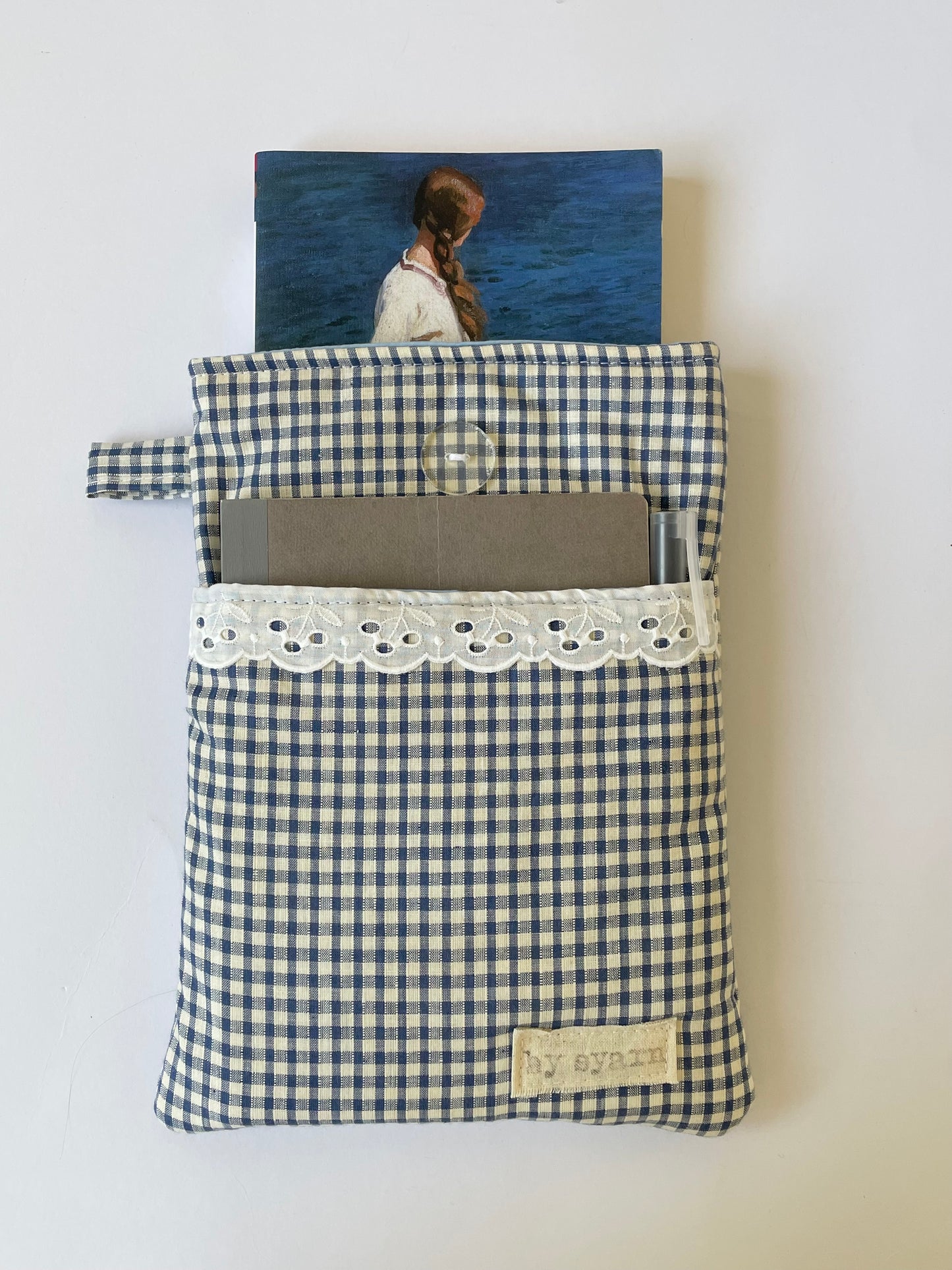 Navy Gingham Book Sleeve with Pocket