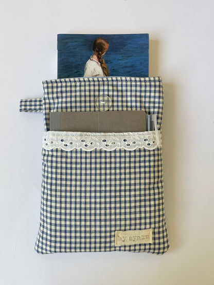 Navy Gingham Book Sleeve with Pocket
