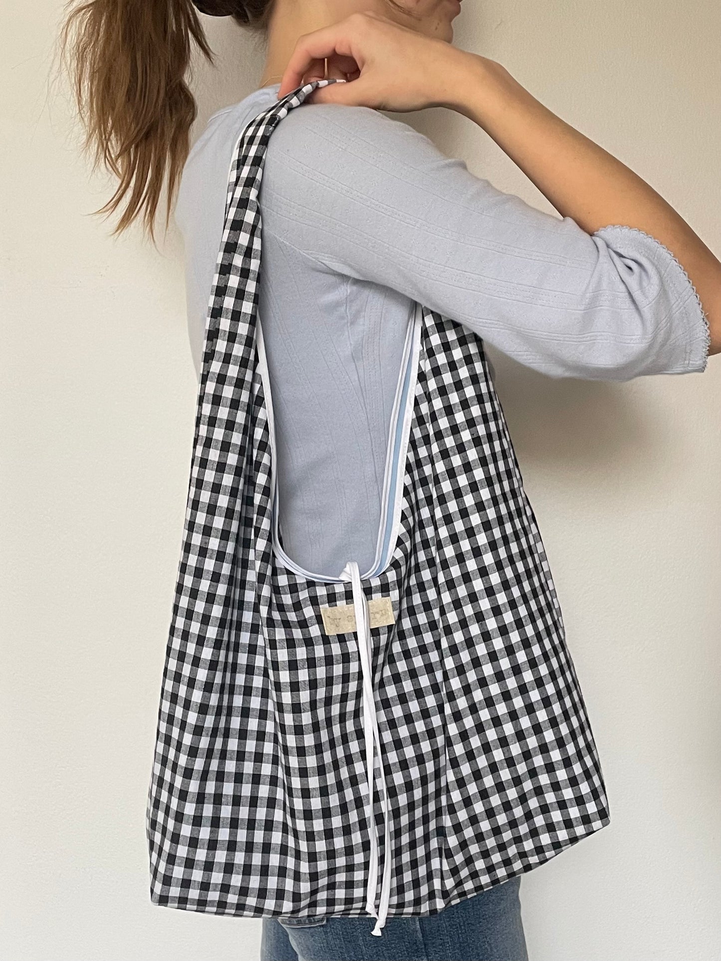 Gingham Slouchy Bag with Tie