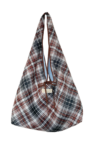Brown Plaid Slouchy Bag with Tie