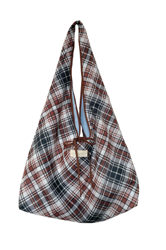 Brown Plaid Slouchy Bag with Tie