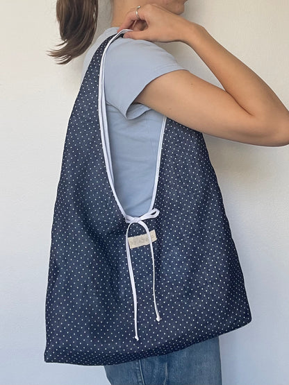 Navy Polka Slouchy Bag with Tie