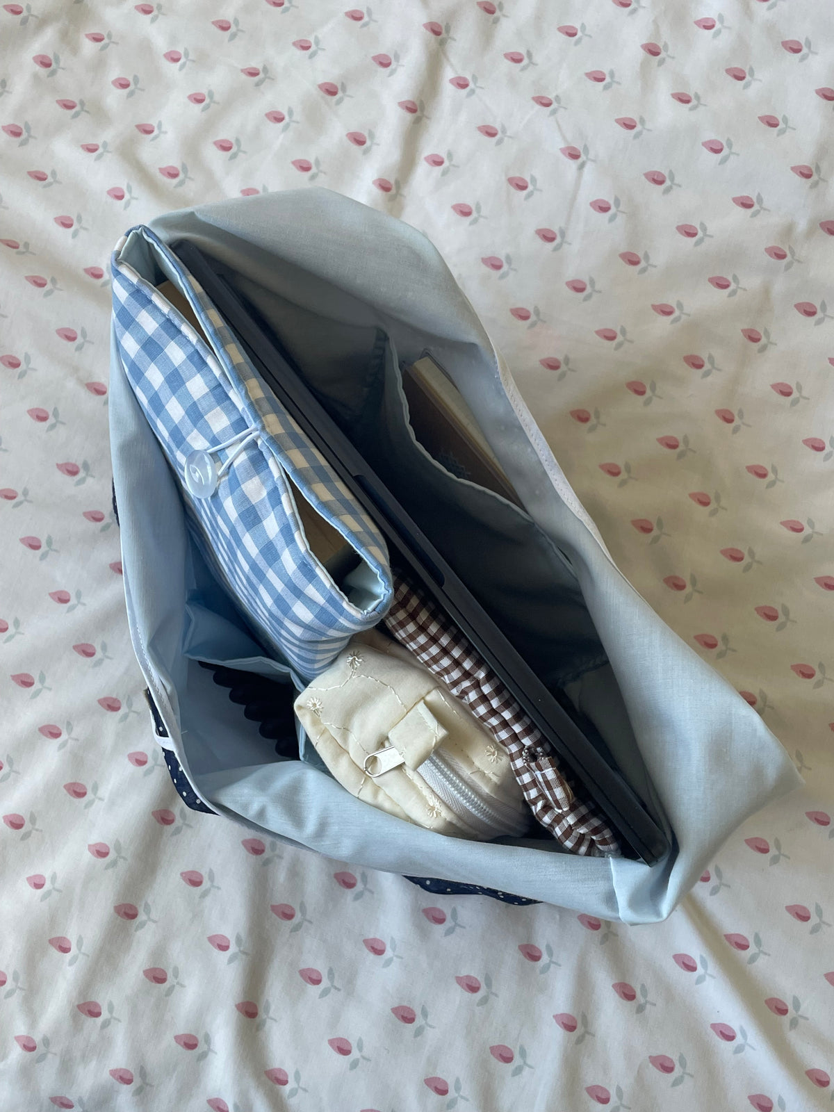 Navy Polka Slouchy Bag with Tie