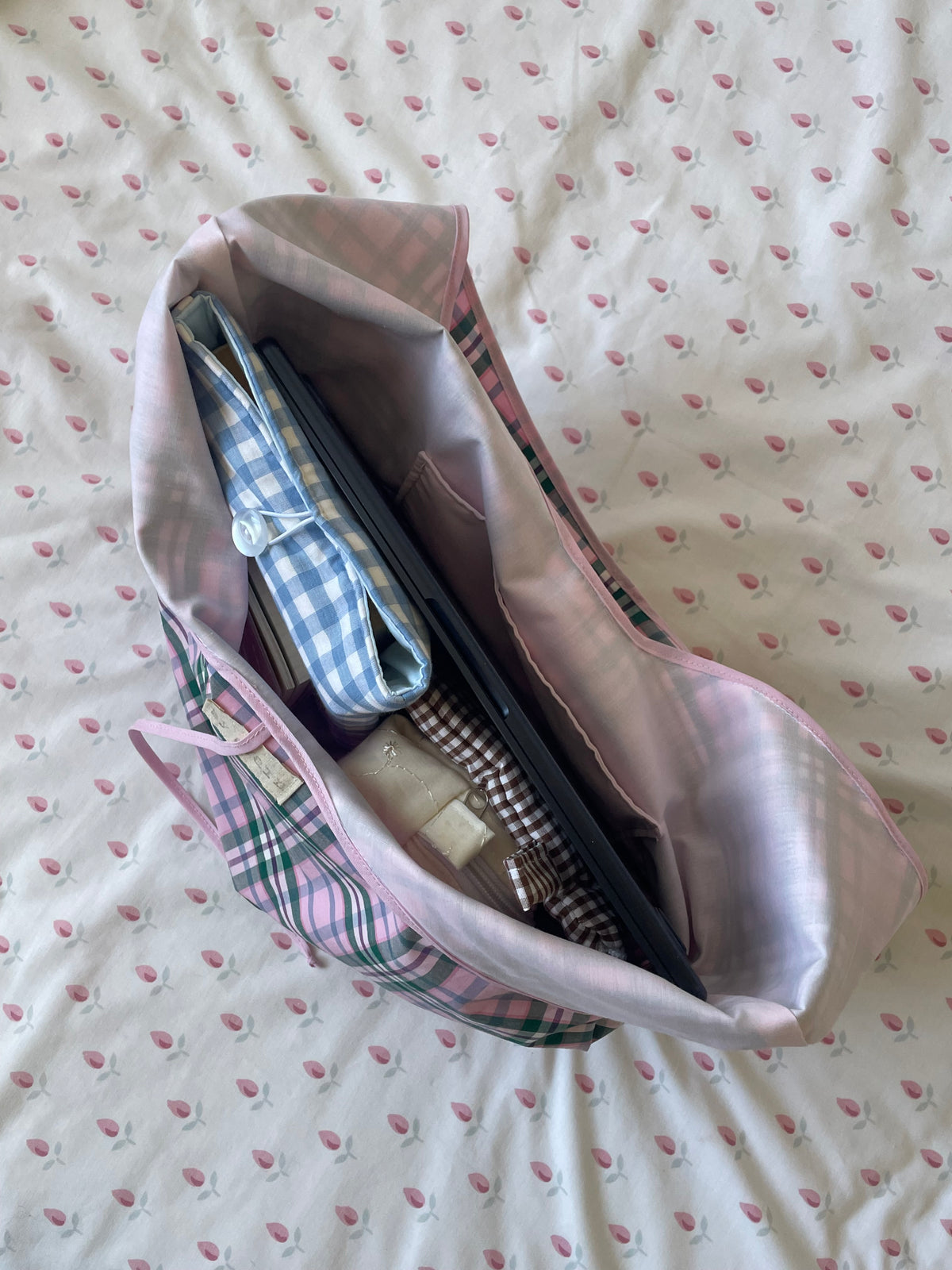 Plaid Slouchy Bag with Tie